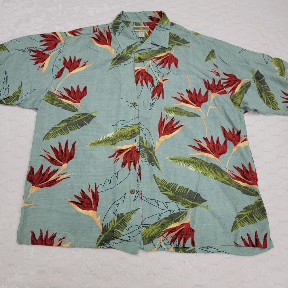Original Island Sport Hawaiian Shirt XL Bird of Paradise Rayon Aloha Teal Green